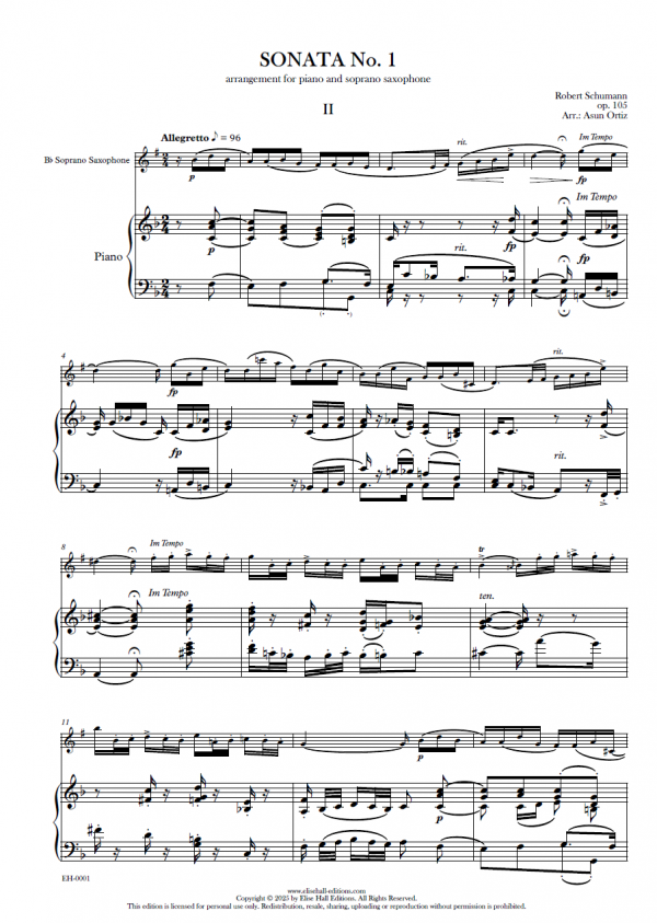 piano demo Sonata nº1 para piano y violín op. 105, II. Allegretto (arr. saxofón soprano)