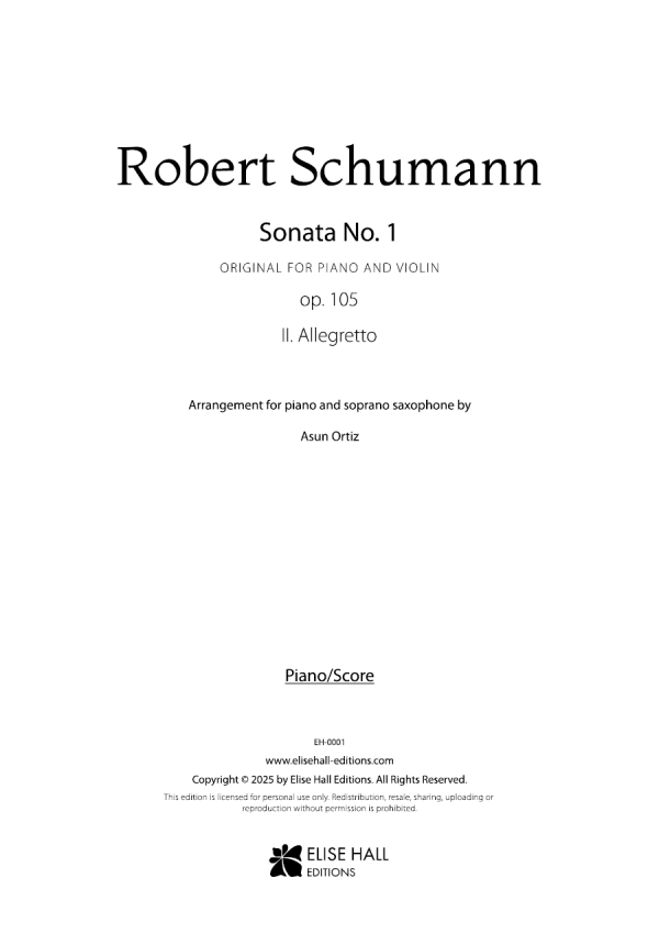 portada score Sonata nº1 para piano y violín op. 105, II. Allegretto (arr. saxofón soprano)
