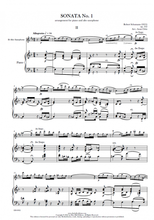Sonata nº1 para piano y violín op. 105, II. Allegretto (arr. saxofón alto)