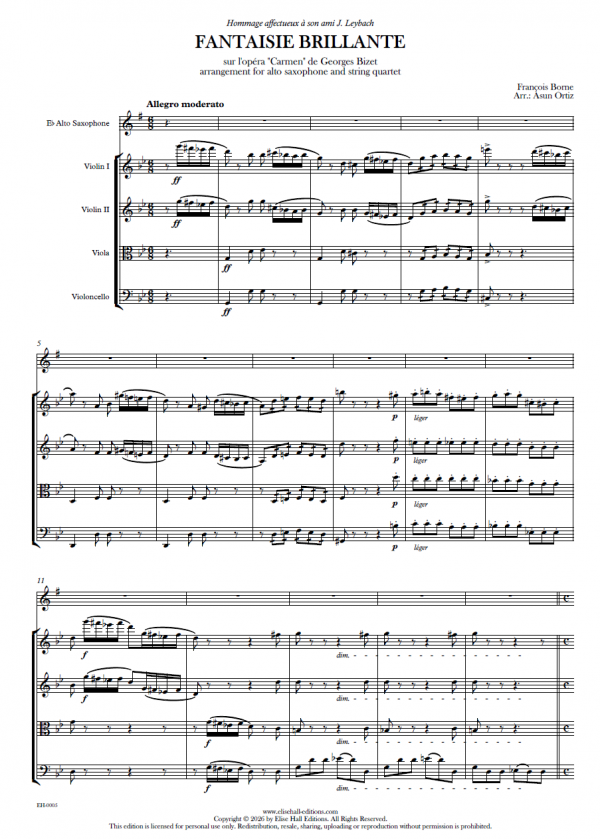 score borne Fantaisie brillante (arr. saxofón alto y cuarteto de cuerda)