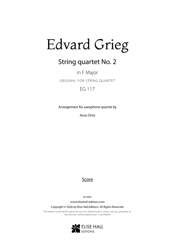 portada score Cuarteto de cuerda n.º 2 en Fa Mayor, EG 117 (arr. cuarteto de saxofones)