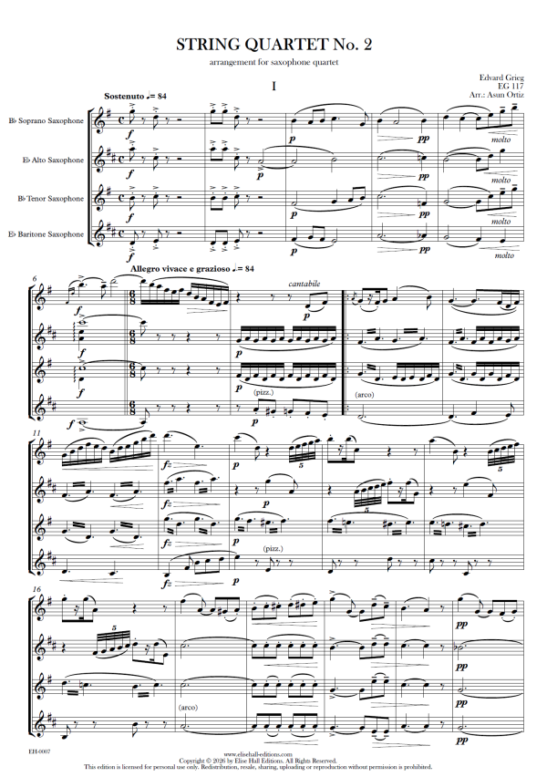 score Cuarteto de cuerda n.º 2 en Fa Mayor, EG 117 (arr. cuarteto de saxofones)