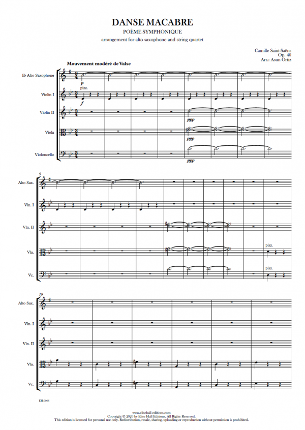 score Danse macabre (arr. saxofón alto y cuarteto de cuerda)